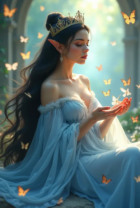 Elf woman queen with crown hemeosa big breast black hair light lots of light blue dress sitting with butterflies in her hands 