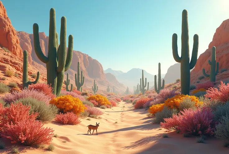 Create a captivating, hyper-realistic, AI-generated artwork of a bright desert landscape dotted with cacti and wildflowers. The scene should capture the intricate details of the desert environment, showcasing the diverse textures of the cacti, the delicate...