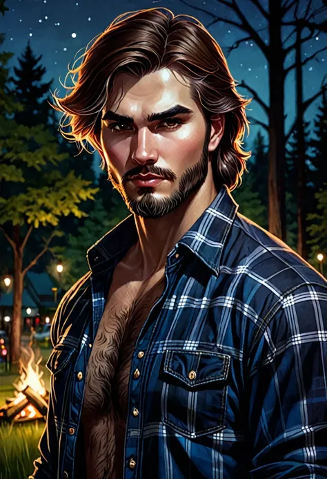 (good quality), (many details), (masterpiece), style of Charlie Bowater, man, vampire, fangs, open lumberjack shirt (plaid shirt), strong chest hair, lumberjack cap, jeans, wild brown hair, hands that are like claws, in the park at night, broad shoulder, s...