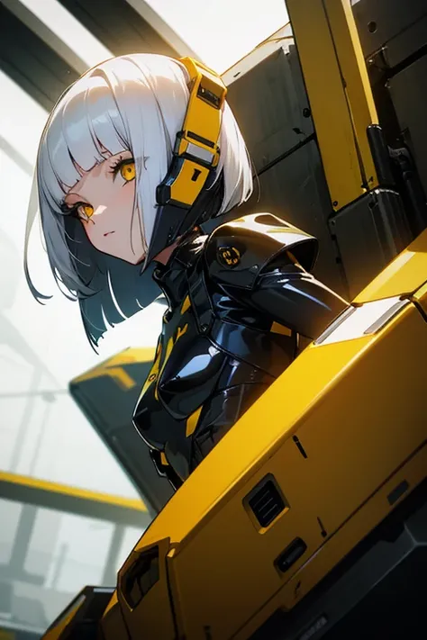 White haired girl with bob cut yellow eyes black latex suit in a futuristic industrial environment 