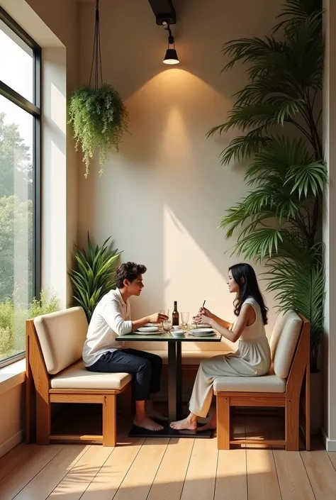 Make a picture of a 2-person breakfast space.66 meters long by 1.65 meters wide with a large window on the left wall a 4-seat square glass table, light colored wooden floor, Warm lighting with yellow spotlights and decoration that gives the feeling of bein...