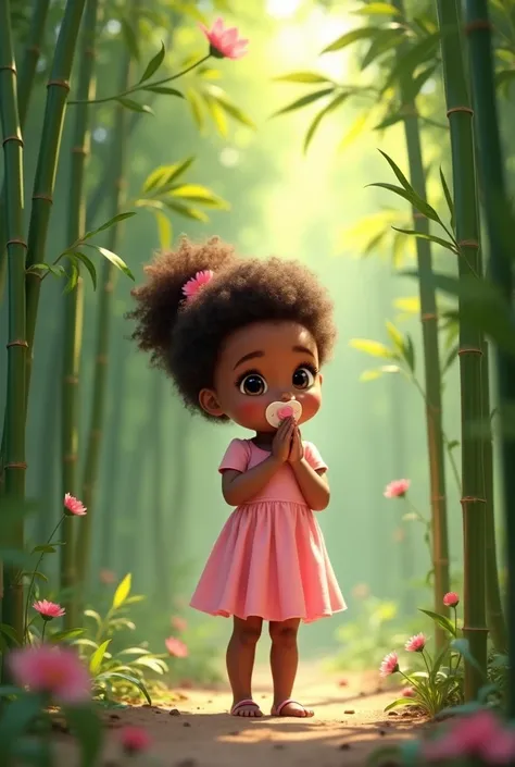  four years old, dark skin, curly hair, standing in the bamboo grove, pink dress, pink pacifier 