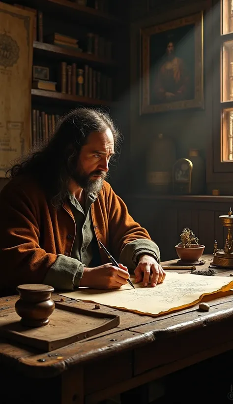 "Leonardo da Vinci, surrounded by a variety of tools and parchments, working on a painting with scientific instruments around him, Renaissance Italy, dimly lit study room with wooden furniture and shelves filled with scrolls and books, -- hyper-realistic, ...