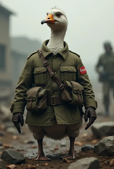 War-hardened goose wearing a soldier&#39;s uniform, determined look, full of scars 