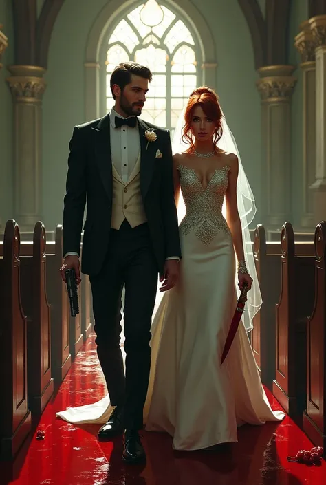 A couple inside a church. He tall, strong, broad shoulders and a little beard, He is wearing a tuxedo and is carrying a small revolver in his hand.. She, at your side, exuberant light, high, lovely, with red hair and emerald green eyes. The wedding dress i...