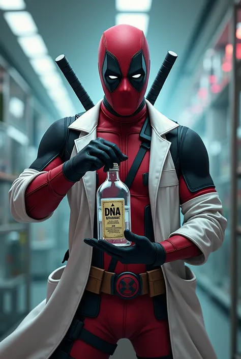 Deadpool, dressed in a scientist&#39;s lab coat, is holding a vial of DNA (with a label that says “DNA - Do not drink!”). He is smiling mischievously at the camera. 