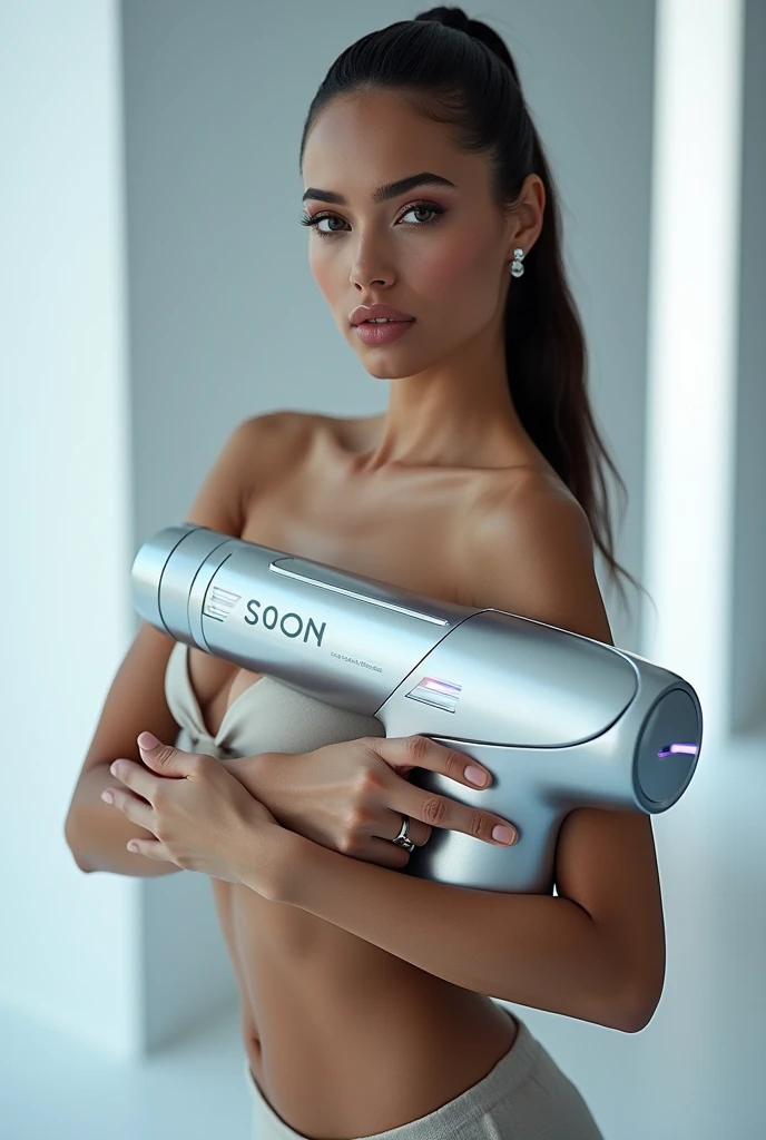 Super Model who is modeling a laser gun-shaped product for skin care that says "soon"





 