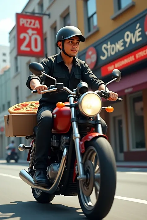 A pizza delivery boy restaurant name stone ove on motor cycle   pent nd shoes black