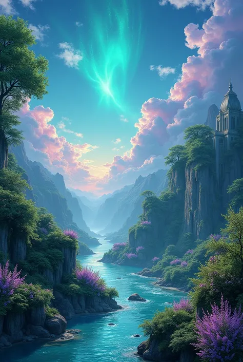 Fantasy world vibrant sky blue colors, cian, green and purple with nature and silver with flowers, magical structures