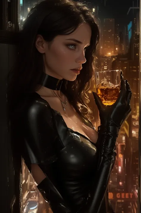 The image is a digital illustration medium close of a young beautiful woman standing 3/4 in front of a window. She has very detailed rain drops over her body and face. There is a blury view of a yellow and black futurisric city at night. She is holding a g...