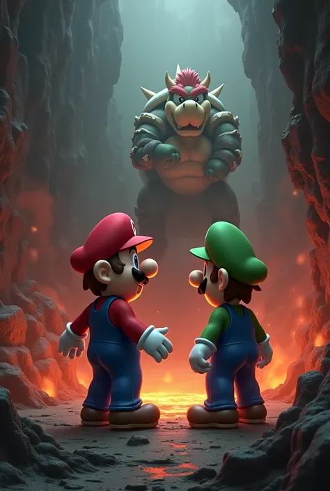 Create an image of Mario in Bowser&#39;s punishment trying to talk to Luigi but he is angry with him