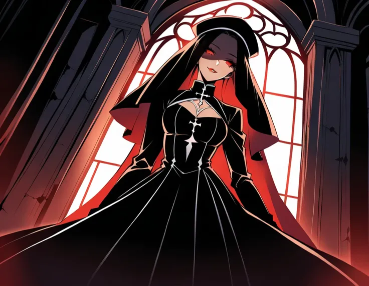 In a dimly lit, abandoned church, the widows smile gleams with sinister intent. Her black formal hat, complete with veil, frames her face like a mysterious shroud. Red lips, perfectly shaped and glossy, curve upwards in a seductive arc. Honey-toned skin gl...