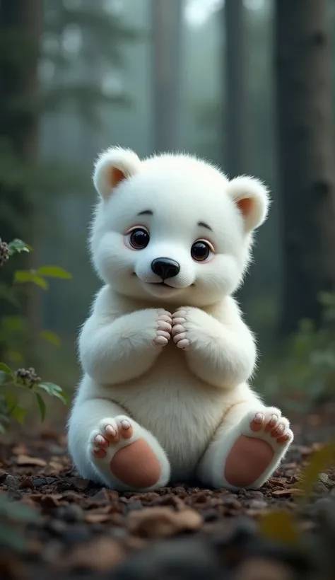 a cute little white bear cub, sitting with hands on chest. image furthest from the camera, realistic 8k resolution. image with lots of details. dark forest wallpaper