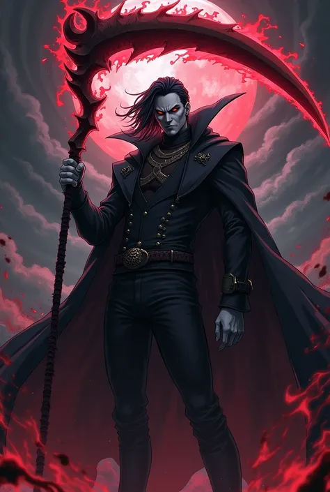 Create a male character who is part of Kimetsu no Yaiba with a scythe with a dark red and black aura wrapped around it 