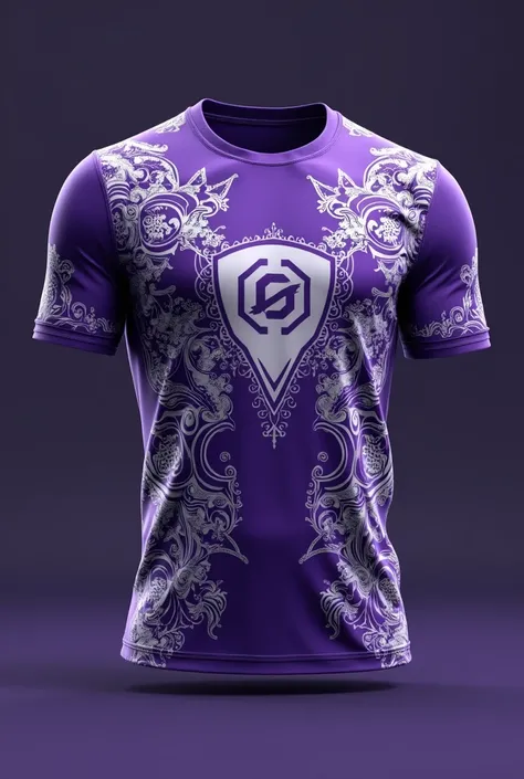 Create a team shirt with the color purple being predominant and lots and lots of details in white to make something unique and original. 