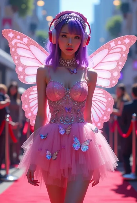 Korean purple hair butterfly woman with headphone and headband wearing pink butterfly dress and shiny butterfly wing perfect face on music world red carpet she is young looking 1