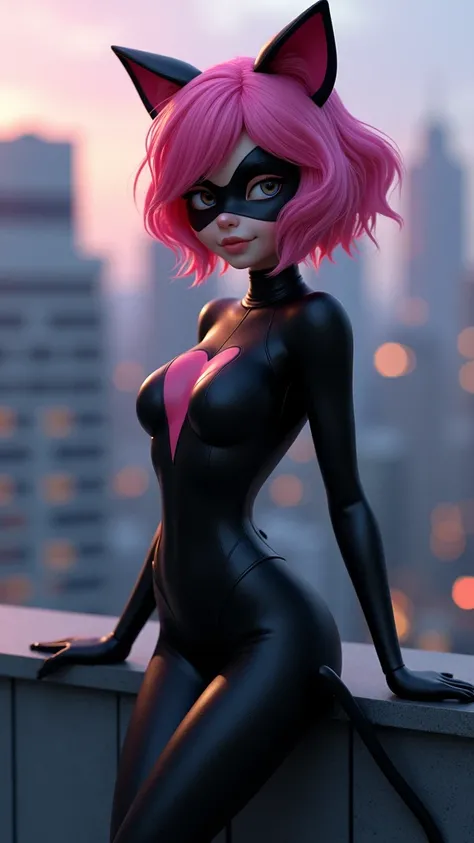 Anthropomorphic, Alix kubdel - Miraculous ladybug pink hair, short and wavy with the black cat miraculous. The suit is completely black and has cat ears and cat tail, She has a black mask that only covers her eyes, the suit reveals some of her chest and sh...