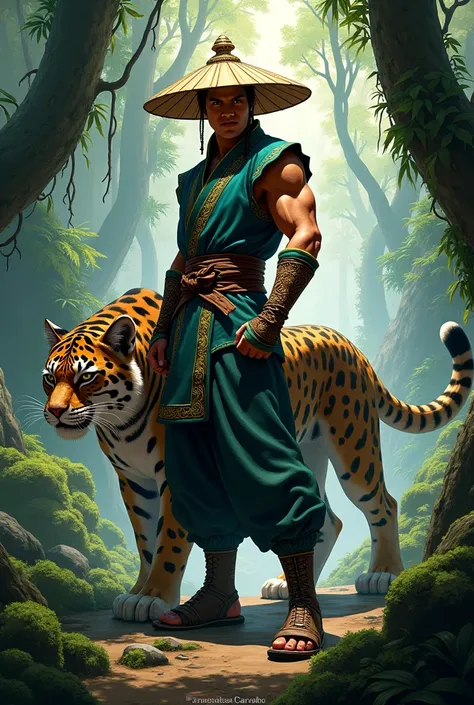 Create an illustration of a character like Kung Lao from Mortal Kombat in a forest with a jaguar around it. Put the Artist&#39;s signature at the bottom of the illustration. Artist&#39;s name Ernandes Carvalho 