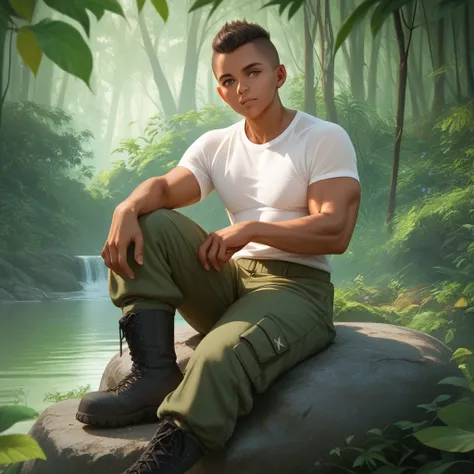 realistic, hyper realistic, muscular man, tight white tea shirt, military camp pants, combat boots, slightly tan skin, sitting o...