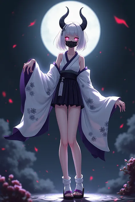 I would like to create a demon girl with white hair and black highlights, Your eyes will be a very light pink color and your pupils will be shaped like stars., I want her to wear a black and white bamboo gag in her mouth and have 1,76 tall, I want her to h...