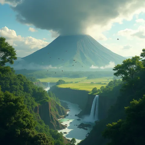 Forest around a dormant volcano, rain clouds, ao redor do vulcão adormecido uma grande savana com uma cascata caindo da montanha cheia de florestas e grandes rain clouds vindo da praia. Sun between the clouds, late afternoon, large river crosses the savann...