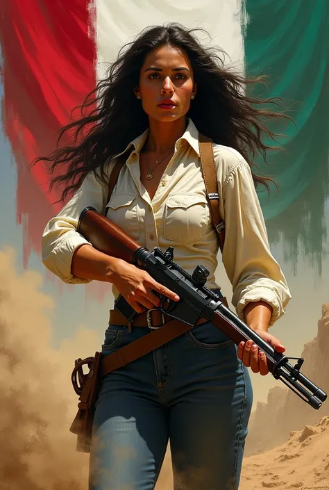 Wendy Guevara with guns and the Mexican flag set in the times of the Mexican revolution