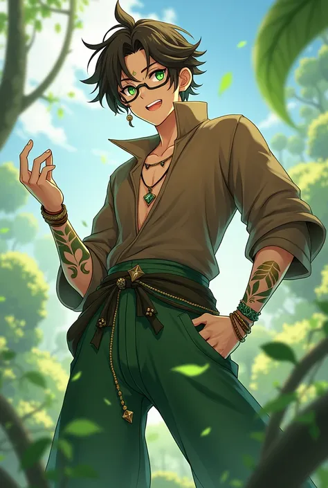 a genshin impact character. he has slight tanned skin, leaf tattoos, short brown curls, green eyes, wears glasses, piercings and jewelry. He wears a wide brown shirt and green harems pants. he has plant powers. its in the style of genshin impact