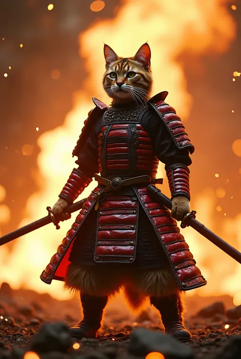 Video of a cat wearing traditional red and black samurai armor, standing in a majestic fighting pose amidst a scene filled with flames and flying sparks. The cat is holding two swords in her hands, looking like she is preparing for battle with all her migh...