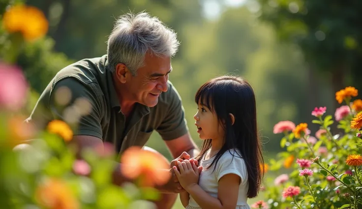 A middle-aged Mexican man with short salt-and-pepper hair bends down to gently help a young Mexican girl with long black hair up from the ground in a lush garden. His face shows concern and care, while the girls expression is a mix of surprise and relief. ...