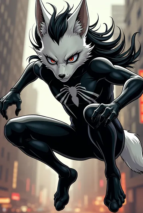 An anthropomorphic white fox teenager boy in marvel comic book style/Dc dressed as spiderman in black with wolfcut hairstyle with long straight black hair with an angry expression 