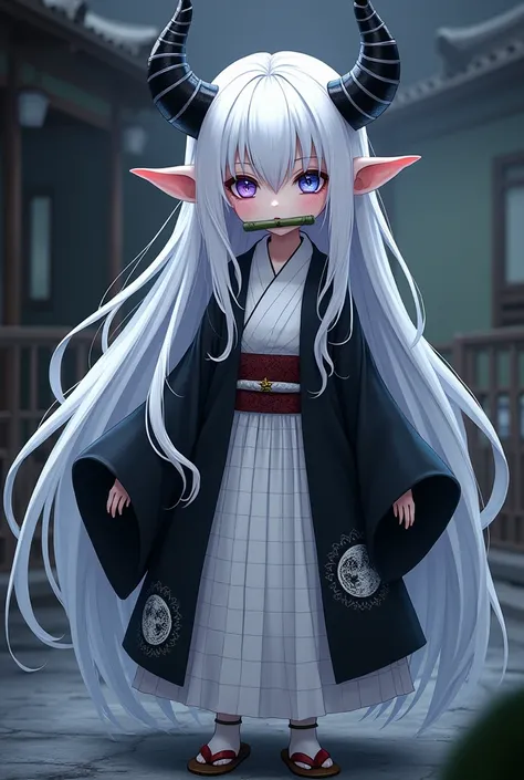 A demon girl with no horns or pointy ears, 90 centimeters tall, with extremely long white hair with black highlights., have blue and purple eyes with white star-shaped pupils, She will have a medium-thick bamboo gag in her mouth, and she will wear a white ...