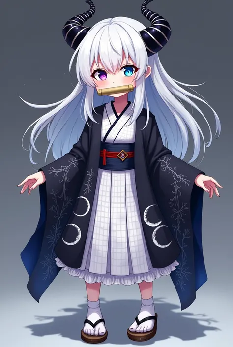 A demon girl WITHOUT HORNS AND POINTY EARS, 90 centimeters tall, with extremely long white hair with black highlights, have blue and purple eyes with white star-shaped pupils, She will have a medium-thick bamboo gag in her mouth, and she will wear a white ...