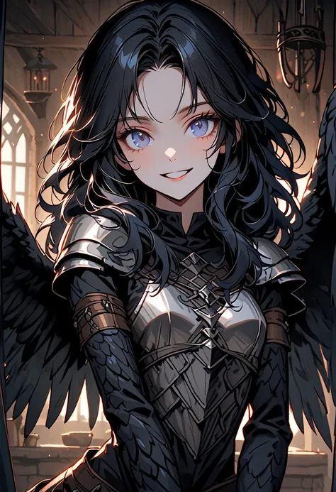 solo, female, close up, long black hair, flowing wavy hair, blue eyes, black clawed hands, black scales on forearms, harpy girl, lithe, large black wings, feathered wings, athletic, wide smile, small breasts, warm, curtains, medieval inn, short girl, light...