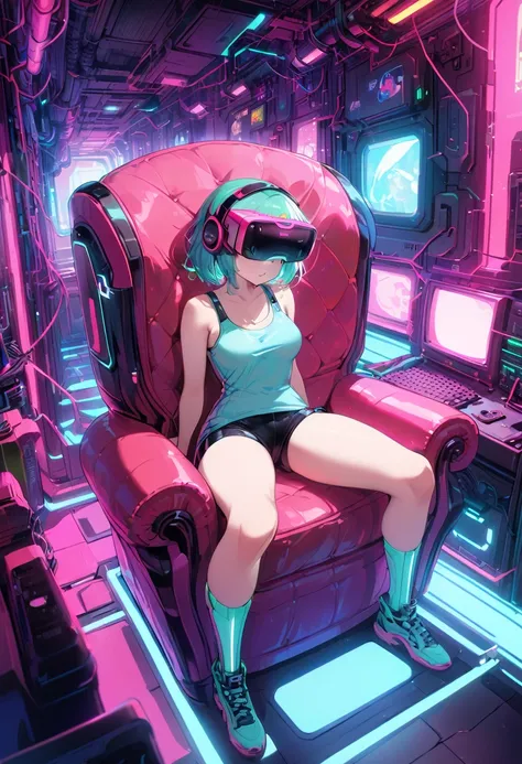 a young girl immersed in a dark, futuristic environment, sitting in a large red armchair or pouf under dim neon lighting. the gi...