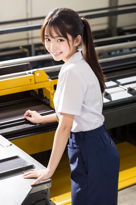 Work clothes,smile,young woman,safety activities,青いWork clothesを着ている,Printing plant,Guts pose,