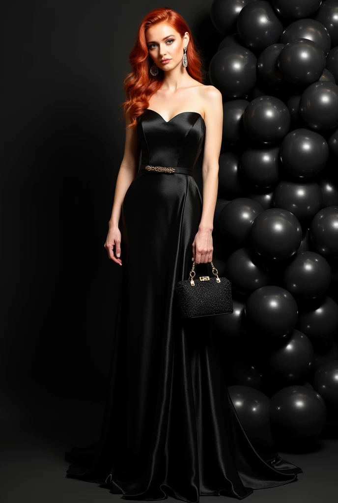 redhead woman with earrings and a black bag wearing a luxury black wedding dress,black balloons background,the night, fully body