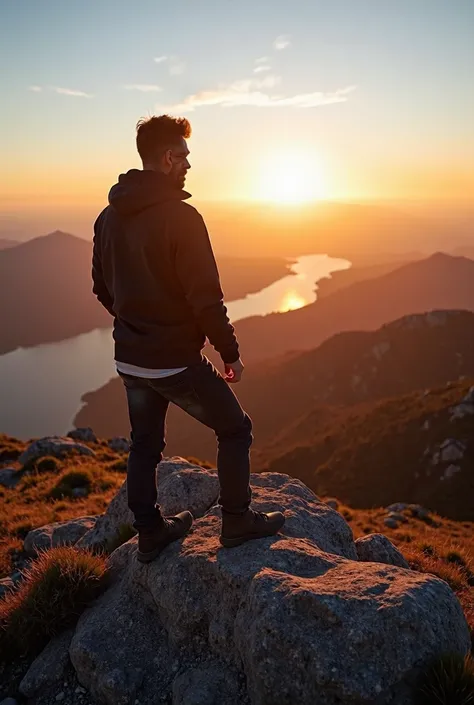 Sur une montagne éclairé par le soleil, le templier (vu de dos ou de face) tenant son épée à la main, regardant lhorizon.