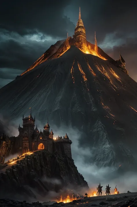 a dark gloomy castle on a volcano, war raging around it, giant army of orcs guarding the castle, men, elves and dwarves working together to defeat the orcs, detailed fantasy landscape, dramatic lighting, highly detailed, cinematic, epic scale, dark moody c...