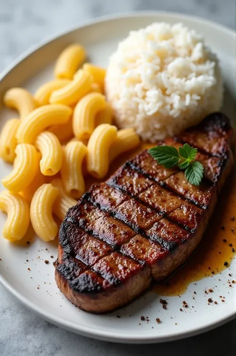 A plate of grilled steak, with short half-round pasta and rice 