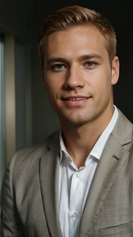 A professional profile photo for linkedin of blond man,  business clothing, at office, bokeh background, deep of field, Short hair, light brown color, standing pose, professional, office background