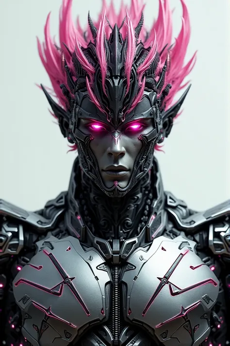 A male transformer with a small black beard and black and pink iron hair on his head