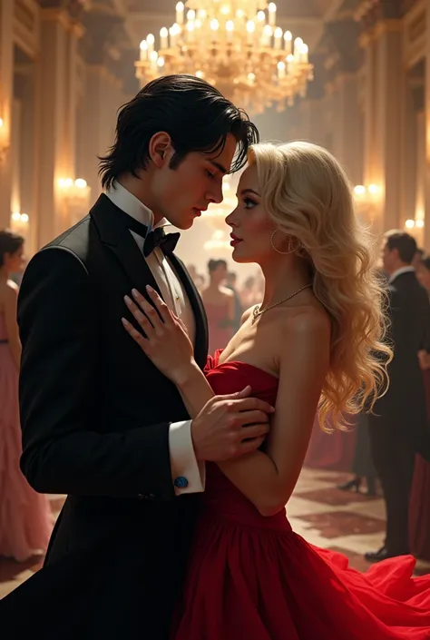 Handsome vampire with black hair and light blue eyes, light skin, messy hair, dancing at a ball with a blonde woman