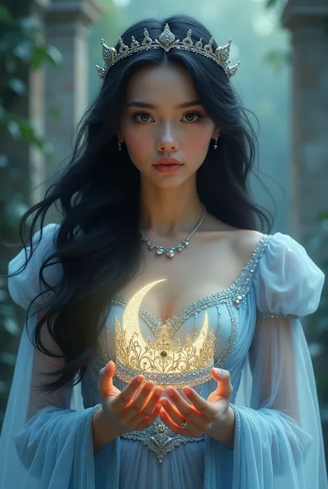 Elf queen black hair light blue dress crown with the moon in her hands 