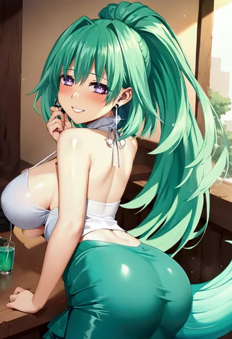 (masterpiece),(best quality),(ultra-detailed),(best illustration),(best shadow),(absurdres),(detailed background),(very aesthetic),  green heart, dressoutfit, green heart, casualoutfit, 1girl, green hair, symbol-shaped pupils, smile, solo, purple eyes, loo...