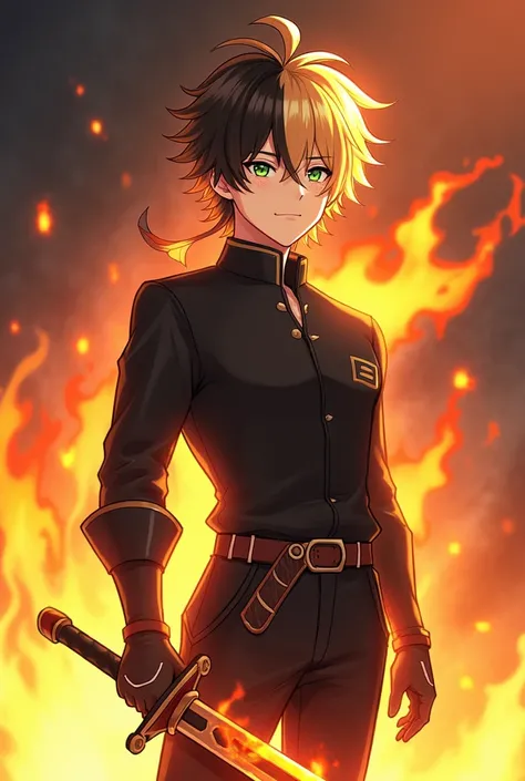 Create a Genshin Impact character. The man has split-dyed hair, blonde on the left and brown on the right. He has dark green eyes and light freckles on his face. He mostly wears black clothing. He has fire powers, and his weapon is a sword. Show him standi...