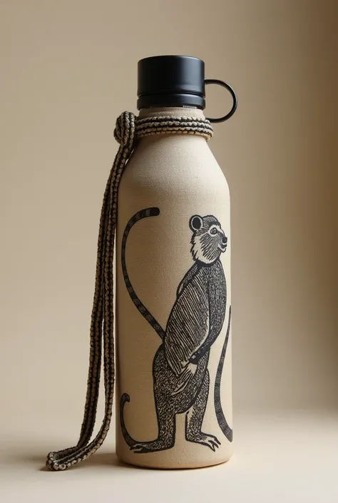 A water bottle with cotton cloth coating made with a baboon design on it and with also vertical cloth handle   made of Rwanda imigongo arts 
