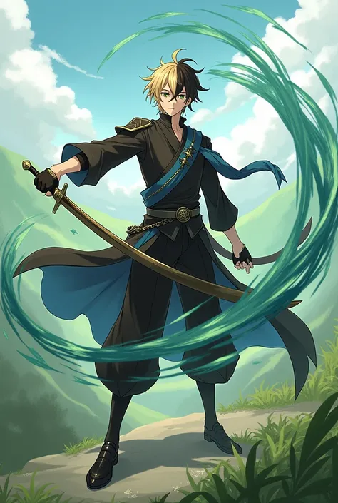 Create a Genshin Impact character. The man has split-dyed hair, blonde on the left and brown on the right. He has dark green eyes and light freckles on his face. He mostly wears black clothing. He has wind  powers, and his weapon is a sword. Show him stand...