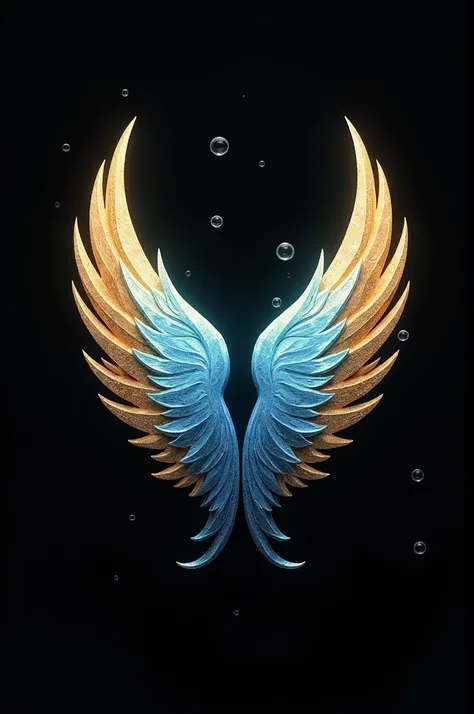 Gold and light blue wings on the logo with a black and gold background and the light blue wing with a few bubbles 

