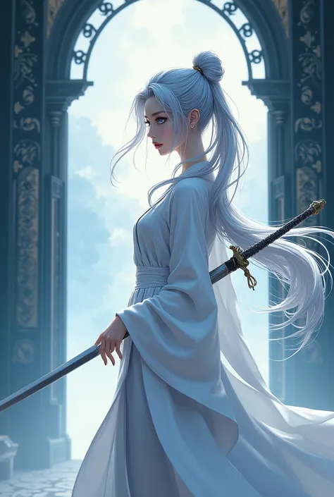 anime woman, beautiful, silver hair, blue eyes, long tied hair, cold and elegant expression, wearing white hanfu, xianxia art style, elegant, sword floating behind the back, taoist sect gate background,