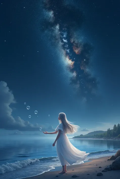 milky way　Night Sky　Girl　Gray Hair　Long Hair　White dress　Seaside　reflection　Soap bubble